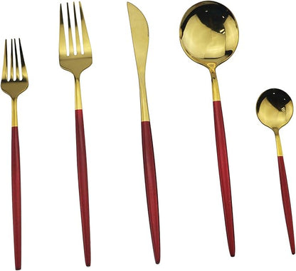 Gugrida Silverware Set, Elegant Life 4-Piece Stainless Steel Flatware Set Service for 1, Include Fork Spoon Knife, Tableware Cutlery Set for Home and Restaurant, Safe in Dishwasher（Red/Gold）