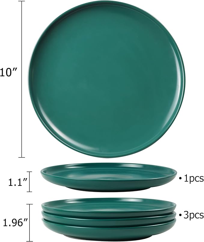10 Inch Dinner Plates, Matte Green Ceramic Plates Set of 3, Scratch, Microwave & Dishwasher Safe