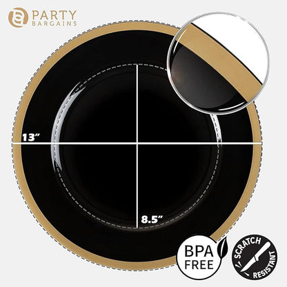 PARTY BARGAINS 13-Inch Charger Plates - 4 Pack, Black Gold Rim, Heavy-Duty Disposable Chargers for Elegant Dining - Ideal for Weddings and Formal Events