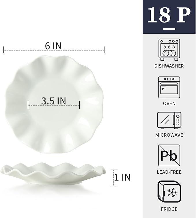 6 Inch Porcelain Appetizer Plates Set of 18, Small Dinner Plates, Dessert Salad Plates, White Wave Rim Serving Dishes for Cake, Snack, Ice Cream, Waffles, Microwave, Oven, and Dishwasher Safe