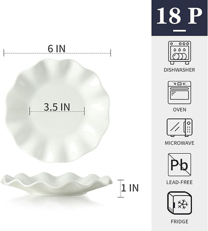 6 Inch Porcelain Appetizer Plates Set of 18, Small Dinner Plates, Dessert Salad Plates, White Wave Rim Serving Dishes for Cake, Snack, Ice Cream, Waffles, Microwave, Oven, and Dishwasher Safe
