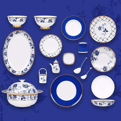 Home Tableware Set Ceramics Dinner Sets, 60 Pieces Upscale Bone China Dinnerware Set Plate/Bowl/Soup Pot - Blue and White Porcelain Combination Set for Family Gathering