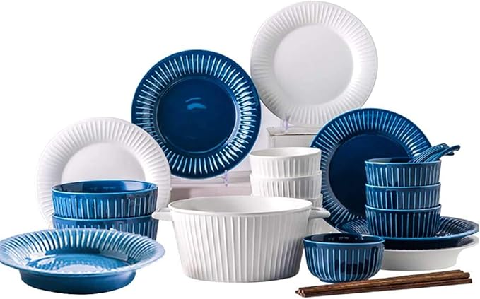 26pcs Dinnerware Sets for 5,Ceramics Dinner Set,Tableware Set in French Style,Blue White Stripe Plates and Bowls Set,Complete Combi-Porcelain,Microwave and Dishwasher Safe