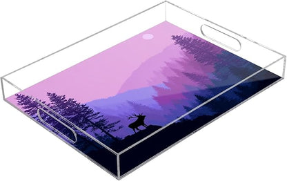 Serving Tray with Handles Clear Acrylic Tray 12x16 Inch Decorative Rectangular Tray Organizer for Ottoman Coffee Table Bathroom Purple Stag Mountains and Forest