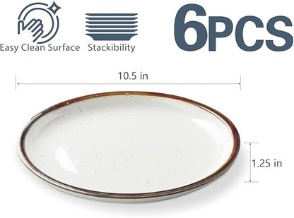ONEMORE 10.5 Inch Ceramic Dinner Plate - Large Stoneware Dish Set of 6, Dessert Salad Plates, Microwave, Dishwasher and Oven Safe, Easy to Clean, Rustic and Speckled Style Dinnerware, Creamy White