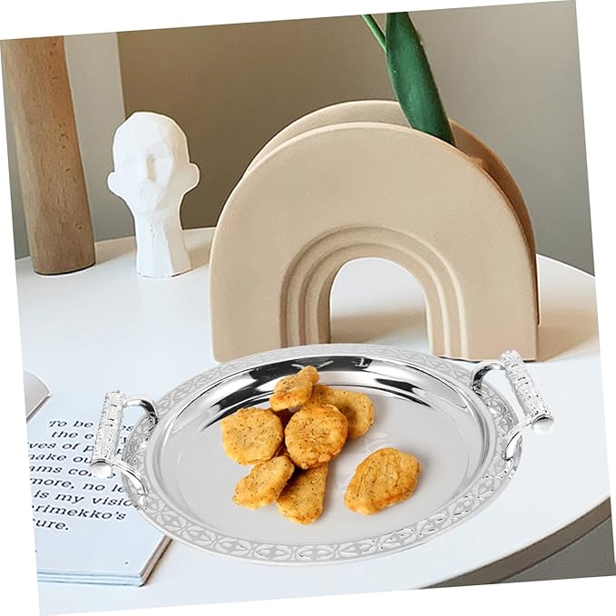 Stainless Steel Dessert Serving Tray with European Style Pattern Lightweight Portable Snack Plate for Fruit Candy and Dried Food Multi Use Tray for Kitchen Picnic and Dining