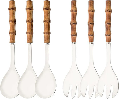 Salad Servers - 10.0 inch Serving Spoons and Forks Set of 6 - Include 3 Large Spoon and 3 Large Fork - Silver Stainless Steel Serving Utensils with Bamboo Handle