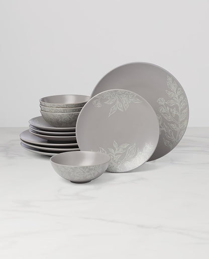 Oneida 897506 Roseto 12-Piece Dinnerware Set, Pumice, Grey