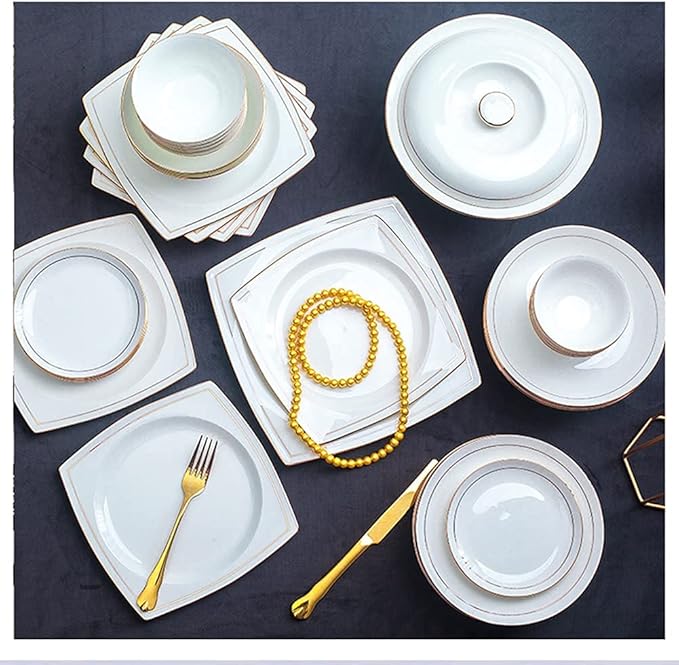AB-Grade Porcelain Plate and Bowl Set,36PCS Ceramic Dinnerware Set Tableware Dishes Plates Ceramic Combination Dinner Service Set Porcelaine Service for 6, White with Gold Edge Luxury Tableware S