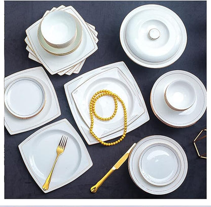 AB-Grade Porcelain Plate and Bowl Set,36PCS Ceramic Dinnerware Set Tableware Dishes Plates Ceramic Combination Dinner Service Set Porcelaine Service for 6, White with Gold Edge Luxury Tableware S