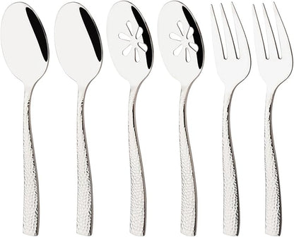 6 PCS Hammered Serving Utensils, Uniturcky Stainless Steel Serving Spoons Set, Square and Thick Hostess Serving Set, Includes 2 Serving Spoon 2 Serving Fork and 2 Slotted Spoon, Mirror Silver