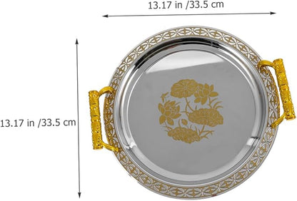European Style Fruit Serving Tray Gold Patterned Round Appetizer Plate Sturdy Plastic and Stainless Fruit Holder for Home Buffet Party