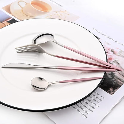 Mirror Cutlery Serving Set, 24-piece 18/0 Stainless Steel Silverware With Pink Handle Simple & Modern Tableware For Home Party Restaurant Christmas Dinner, Service For 6 (Pink Silver)