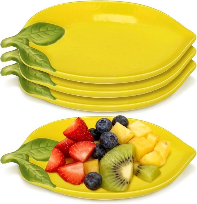 Amosfun 4pcs Small Lemon Plates Adorable Spoon Rest Fruit Salad Serving Tray Sauce Dipping Bowl Ceramic Appetizer Dessert Plates 4.1" x 5.9"