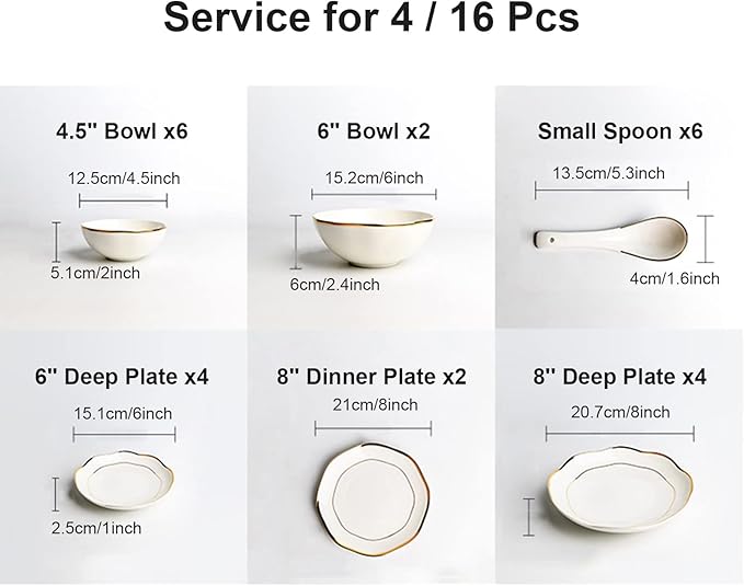 Dinner Sets, Dinnerware Series, 16-Piece White Porcelain Dinnerware Set, Gold Border Dish Set with Dessert Plates/Soup Plates/Dinner Plates and Bowls Sets, Tableware Service