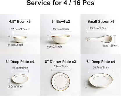 Dinner Sets, Dinnerware Series, 16-Piece White Porcelain Dinnerware Set, Gold Border Dish Set with Dessert Plates/Soup Plates/Dinner Plates and Bowls Sets, Tableware Service