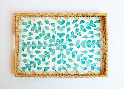 Magenta & Teal Decorative Rectangle Rattan Serving Tray 13x9 inch Mother of Pearl Inlay, Wicker Coffee Table Decor, Farmhouse (Teal Tan Flower)
