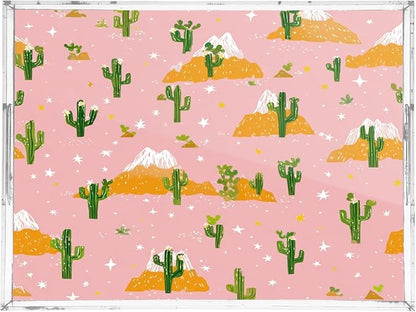 Serving Tray with Handles Clear Acrylic Tray 12x16 Inch Decorative Rectangular Tray Organizer for Ottoman Coffee Table Bathroom Pink Cacti Mountains and Stars