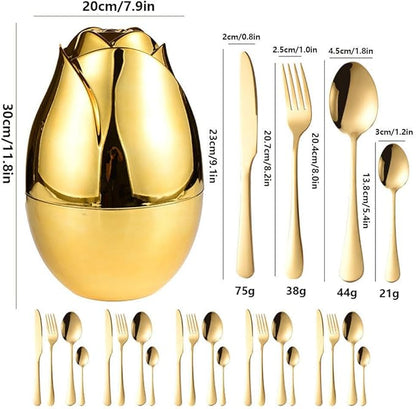 24pcs Stainless Steel Flatware Set, Rose Shape Cutlery Set, Mirror Polished Tableware Eating Utensils Set For 6, Tableware Cutlery Knife Fork Spoon Set, For Home Restaurant,Color-C