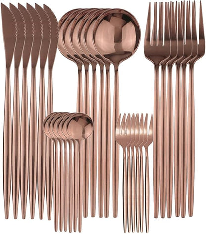 Gugrida 30Pcs Mirror Polish Copper Cutlery Set 304 Stainless Steel Dinnerware Set Kitchen Tableware Set Fruit Cake Fork Flatware Silverware Table Set,Service for 6