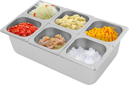 6 Compartment Fruit Pan, Stainless Steel 6 Pan Condiment Serving Container with Acrylic Lids for Fruits Spices Condiments Snacks Sauces
