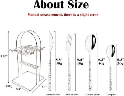 24Pcs White Imitation Marble Pattern Handle Flatware Silverware Set with Stand, Stainless Steel Cutlery Set for 6, Square Handle Eating Utensils, Mirror Polished