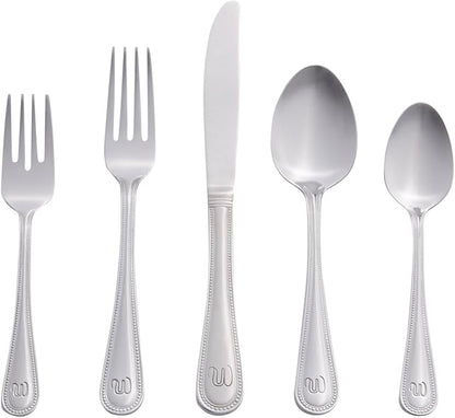 RiverRidge Monogrammed Beaded Flatware Set - W - 46-Piece Silverware with Custom Letter Stamp, 18/0 Stainless Steel Utensils Set for Daily Use & Special Occasions - Dishwasher Safe, Versatile Design