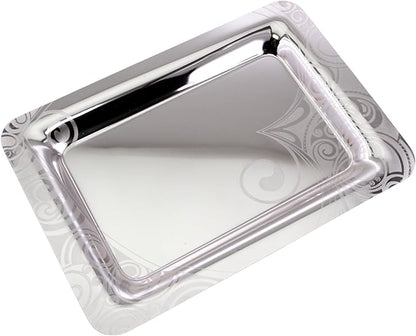 (Pack of 3) 15.7 inch x 11 inch Oblong Chrome Plated Serving Tray in Different Pattern Stylish Design Floral Engraved Iron Gold Edge Decor Wedding Dessert Buffet Platter Plate NC-017