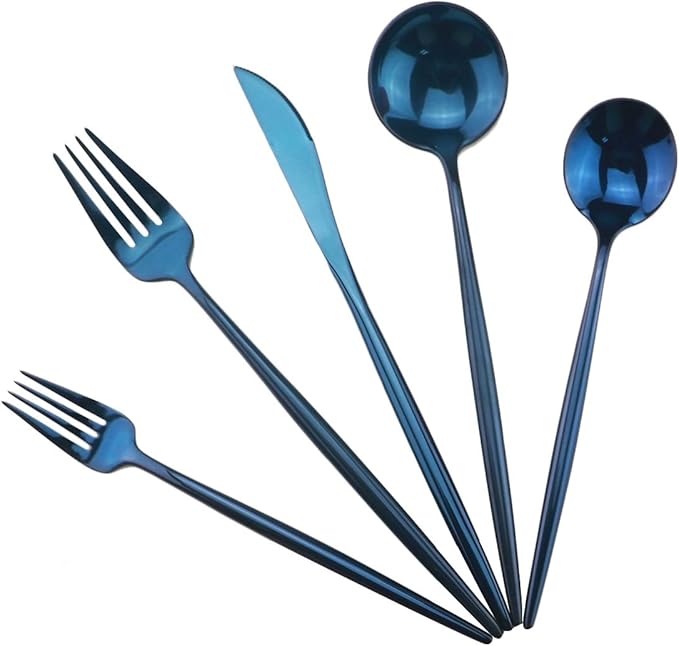 Gugrida Portable Silverware Set - 5-Piece Flatware Cutlery Set - 18/10 Stainless Steel - Mirror Polishing Blue - Travel Elegant Modern Utensils - Service for 1 Include Steak Knife Dinner Fork Spoon