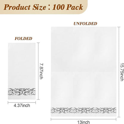 BESTVIP 100 Pack Disposable Paper Napkins, 3-Ply Dinner Napkins with Silver Trim for Guests, Bathroom Paper Hand Towels Soft & Absorbent, Perfect for Christmas, Kitchen, Dinner, Party, Wedding, Event