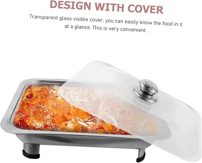 BESTOYARD Stainless Steel Buffet Serving Tray with Lid Long Rectangular Food Holder for Catering Four-Legged Metal Tray for Parties and Gatherings