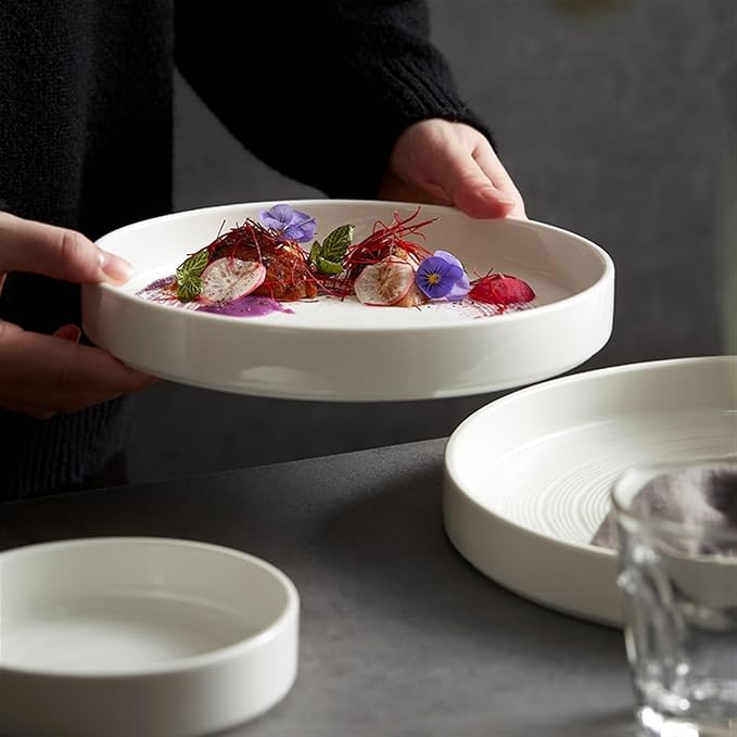 Kitchen Plates Ceramic Dinner Plate Home Kitchen Salad Plate Tableware Pure White Plate Round Simple Dessert Plate Flat Deep Plate Restaurant Plates(002)