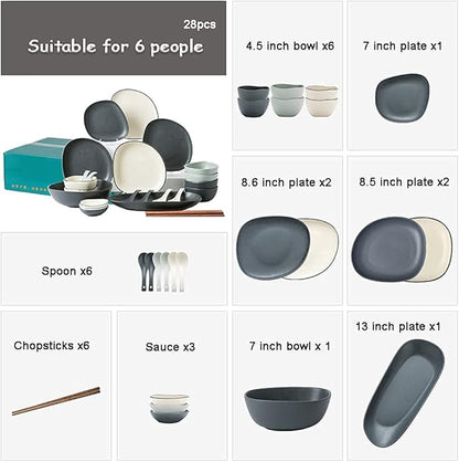 Dinnerware Sets,Nordic Style Irregular Porcelain Tableware Set with Plates Bowls and Dish,Ceramic Dinner Set for Home Kitchen and Dinning,Microwave Dishwasher Safe(White 28pcs)