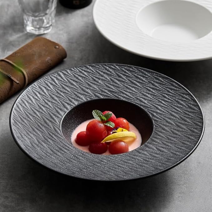 Kitchen Plates 9.75-inch White And Black Straw Hat Plate Appetizer Household Deep Soup Ceramic Western Salad Pasta Japanese Restaurant Plates(A)