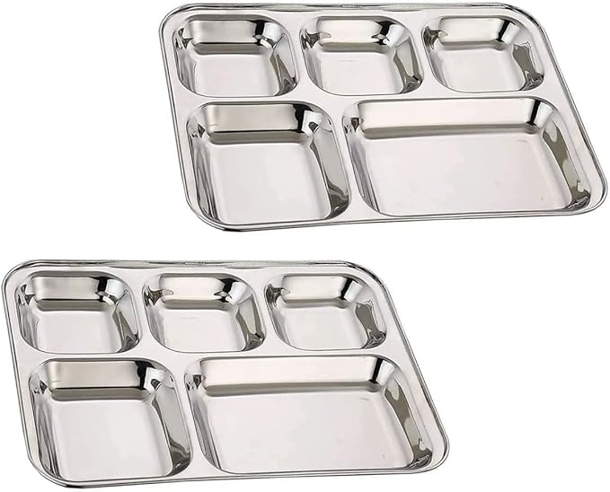 Satre Online and Marketing Stainless Steel Rectangle/Square 5 Section Compartment Lunch Plate Tray Set of 2