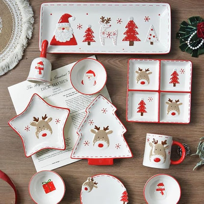 Christmas Ceramic Appetizer Plates for Tapas, Salad, Appetizer, Dishwasher Safe, Microwave Safe, Freezer Safe (Two grid plate 28 * 10.8 * 4cm)