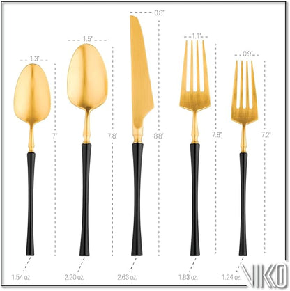 Vikko Decor Vintage Silverware Set: Unique Brushed Black and Gold Silverware- Luxury 18/10 Stainless Steel Flatware - Satin Matte Cutlery Set for Upscale Dining - 20 Piece Set - Service for Four (4)