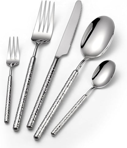 20-Piece Silverware Set, Stainless Steel Flatware Set for 4, Modern Hammered Utensil Tableware Set Include Dinner Knife/Fork/Spoon, Mirror Finish, Dishwasher Safe (20, silver)