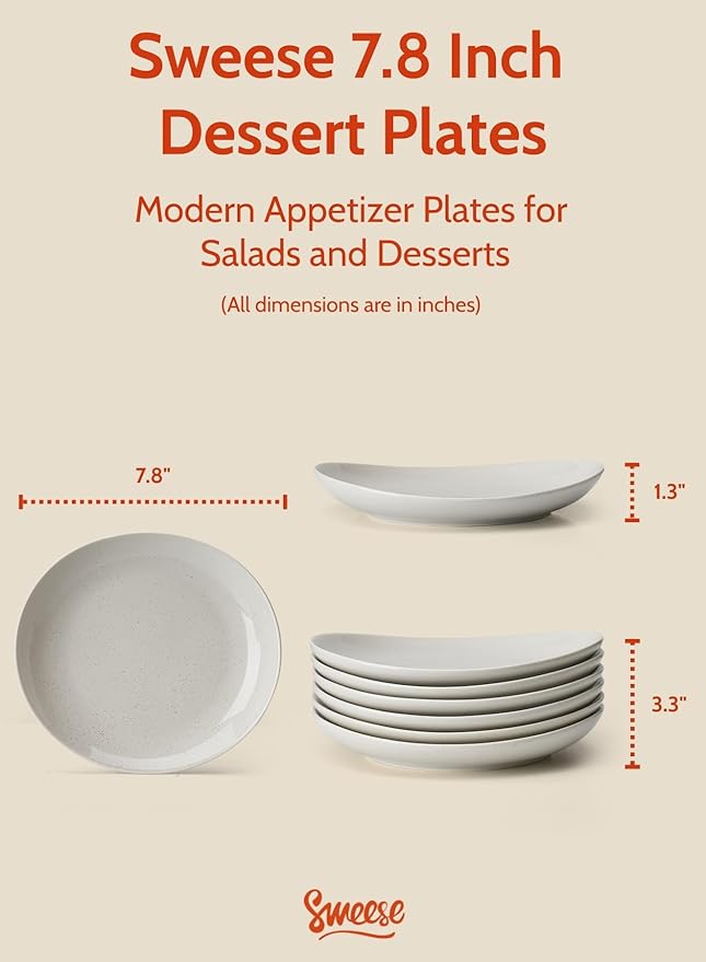 Sweese 7.8" Porcelain Dessert Plates Set, Grey, Set of 6 - Scratch Resistant, Dishwasher Microwave Safe