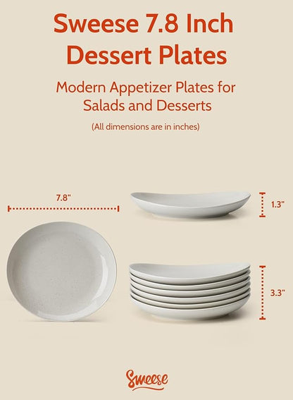 Sweese 7.8" Porcelain Dessert Plates Set, Grey, Set of 6 - Scratch Resistant, Dishwasher Microwave Safe