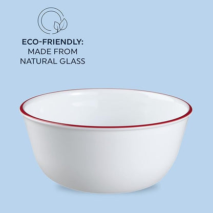 Corelle Vitrelle Glass 6-PC Bowls Set, For Soup Cereal & Dessert, Chip-Resistant & Lightweight Bowl Dinnerware Set, Red Banded 28 OZ