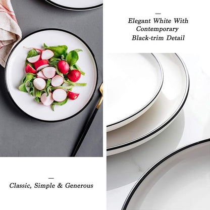 BonNoces 8 Inch Porcelain Lunch Plates, White with Black Edges Dessert Plate, Classic Round Serving Plate for Steak, Pasta and Salad, Set of 6