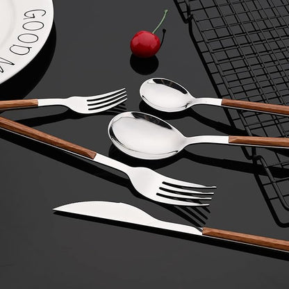 JASHII Silver Stainless Steel Cutlery Sets of 4, with Wooden Wide Square Handles, Dinner Spoons, Knife and Fork Set, Flatware Set Tableware Dinnerware, 20 pieces
