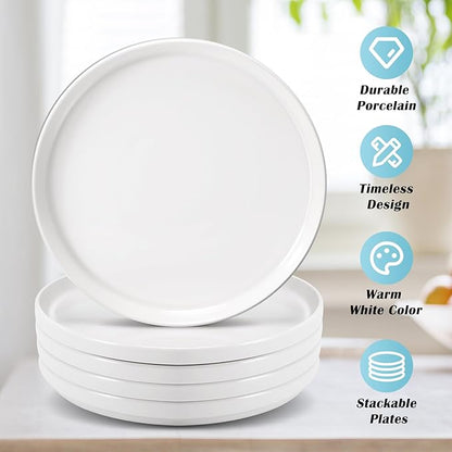 Porcelain Dinner Plates Set of 6,8 Inch Round Dessert Salad Plates,White Ceramic Dinner Plate with Lipped Edges for Dessert Salad Appetizers,Microwave,Dishwasher Safe,Scratch Resistant