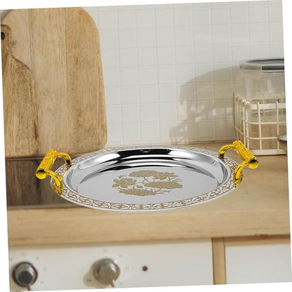 Homoyoyo European Style Round Snack Serving Tray with Gold Pattern Fruit Plate for Desserts Buffet and Food Display Stainless and Plastic Material Storage Dish for Home and Hospitality Use