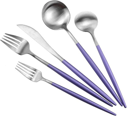 Gugrida Luxury Flatware, Royal 20 Piece Matte Purple Handle 18/10 Stainless Steel Tableware Sets for 4 Including Forks Spoons Knives, Camping Silverware Travel Utensils Set Cutlery (Purple Silver)