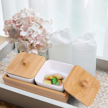 Ceramic Appetizer Serving Plate with Tray Cover, Snack Serving Plate for Fruits Nuts Desserts, BPA - Free White Ceramic Square Bowl with Separate Compartments, Modern Design (Two compartments with