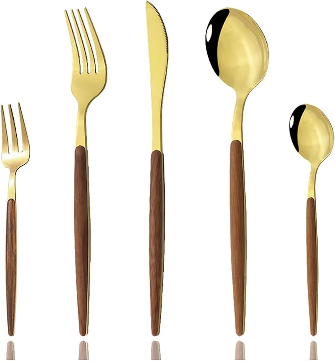 JASHII 30pcs Flatware Cutlery Set Service for 6, Stainless Steel Silverware Set with Imitated Wooden Handle, Tableware Sets Including Forks Spoons Knives - Shiny Gold
