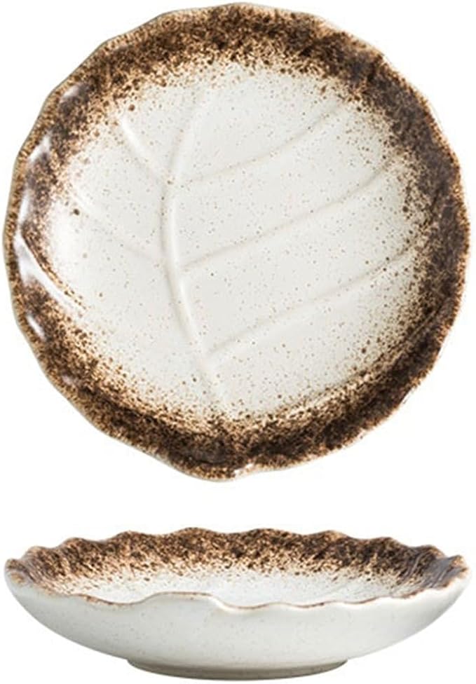 Sauce Dish 1 Piece Leaf Textured Round Plate Restaurant Ceramic Snack Dessert Plate Appetizer Plate Sauce Bowl Snack Plate(7)