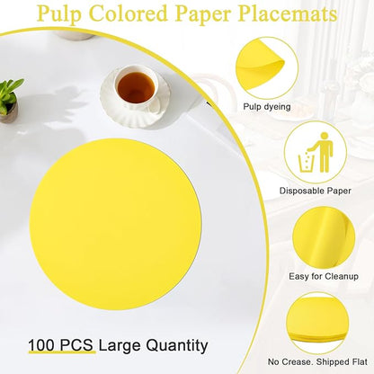 SHACOS 100 pcs Round Paper Placemats Disposable 13 inch Colored Paper Decorative Place Mats for Wedding Birthday Party Bridal Baby Shower Events Table Decoration, Yellow